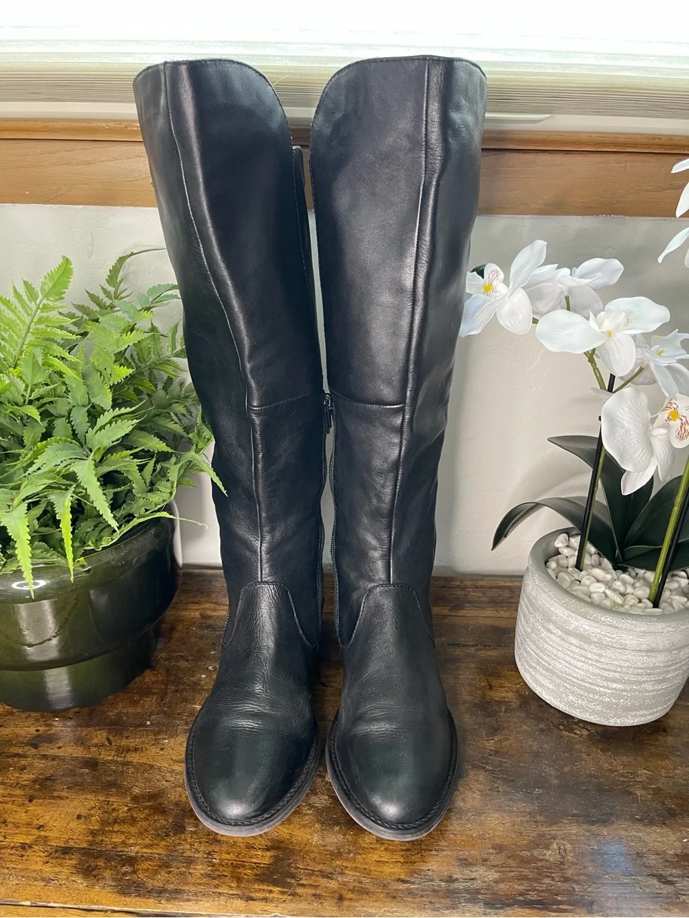 Steve Madden Black Leather Knee-High Zip Riding Boots, approx size 9